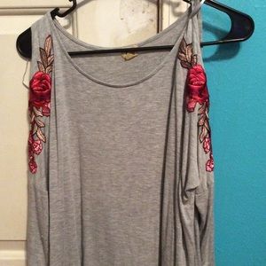 Flower embroidered, cold shoulder gray long sleeve